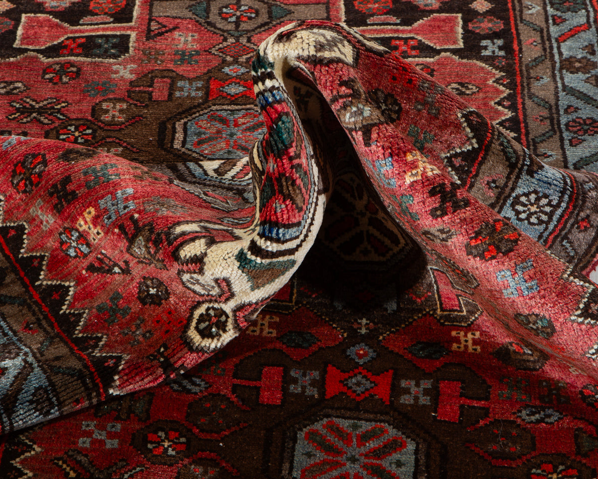 Vintage Red, Blue Hand-Knotted Wool Rug – 6' 6" x 3' 5" (198 x 104 cm)