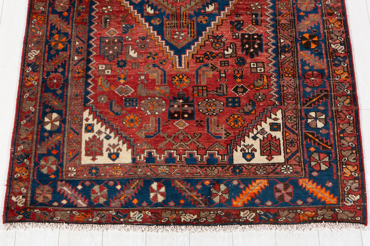 Vintage Red, Navy Blue Hand-Knotted Wool Rug – 6' 10" x 4' 2" (208 x 126 cm)