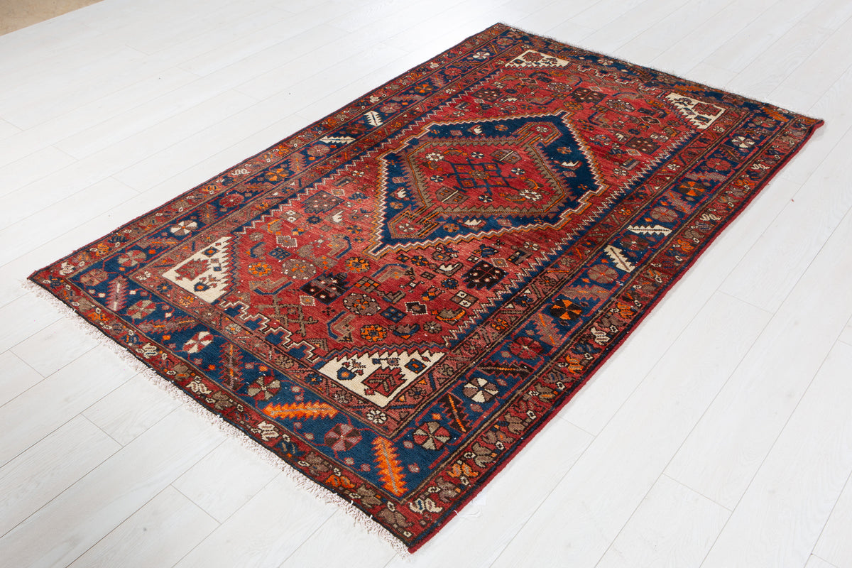 Vintage Red, Navy Blue Hand-Knotted Wool Rug – 6' 10" x 4' 2" (208 x 126 cm)
