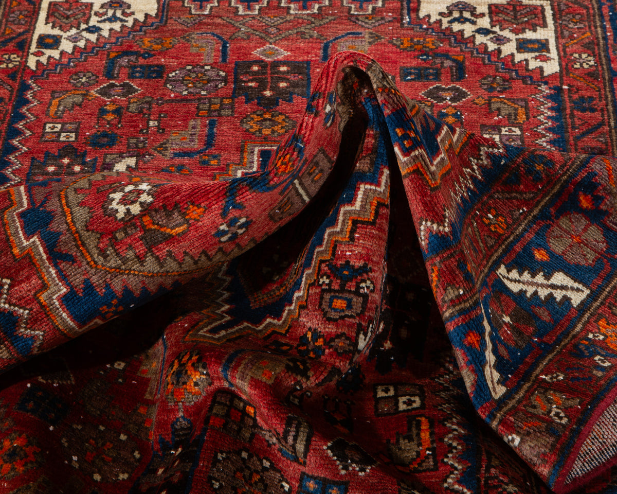 Vintage Red, Navy Blue Hand-Knotted Wool Rug – 6' 10" x 4' 2" (208 x 126 cm)