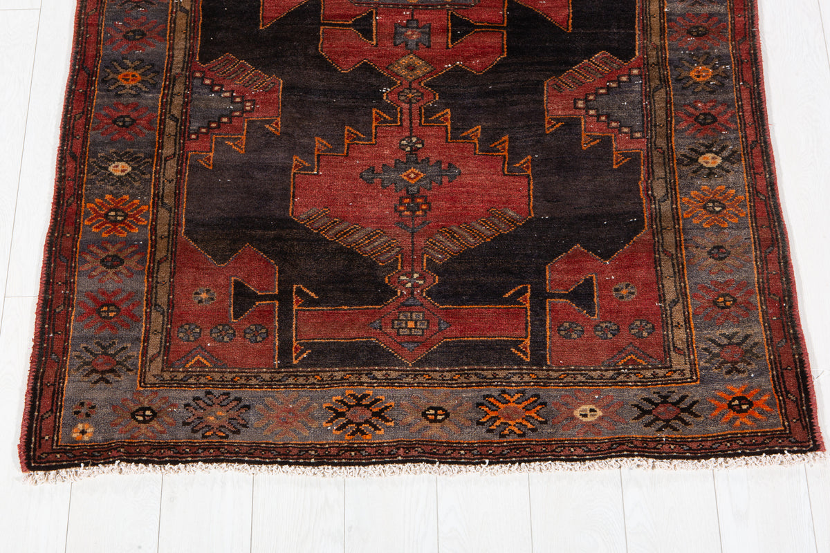 Antique Deep Navy Blue, Red Hand-Knotted Wool Rug – 6' 2" x 4' 2" (188 x 127 cm)