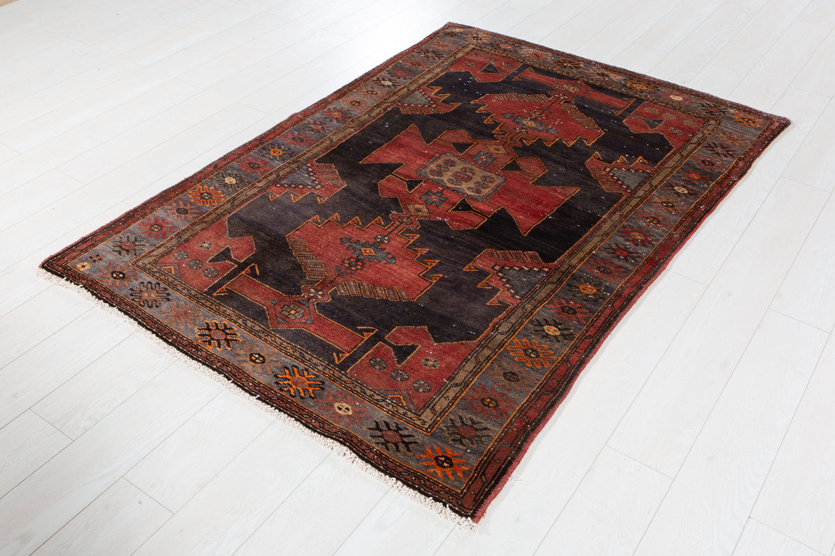 Antique Deep Navy Blue, Red Hand-Knotted Wool Rug – 6' 2" x 4' 2" (188 x 127 cm)