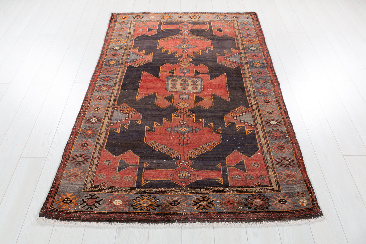 Antique Deep Navy Blue, Red Hand-Knotted Wool Rug – 6' 2" x 4' 2" (188 x 127 cm)