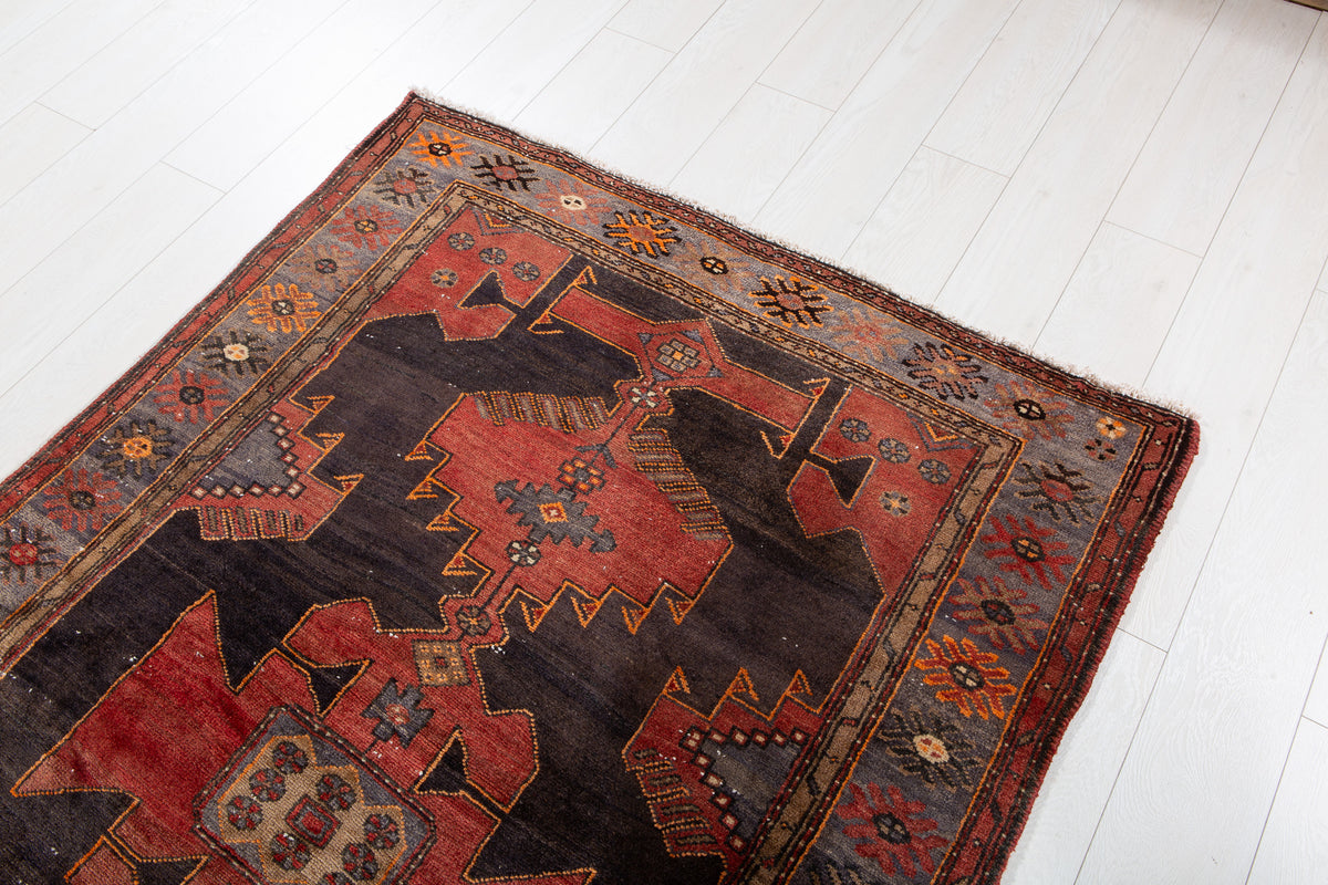 Antique Deep Navy Blue, Red Hand-Knotted Wool Rug – 6' 2" x 4' 2" (188 x 127 cm)