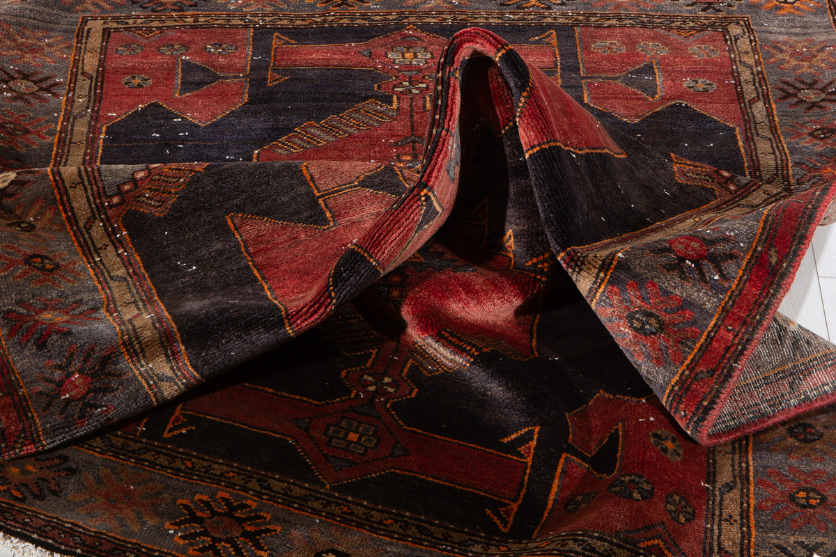 Antique Deep Navy Blue, Red Hand-Knotted Wool Rug – 6' 2" x 4' 2" (188 x 127 cm)
