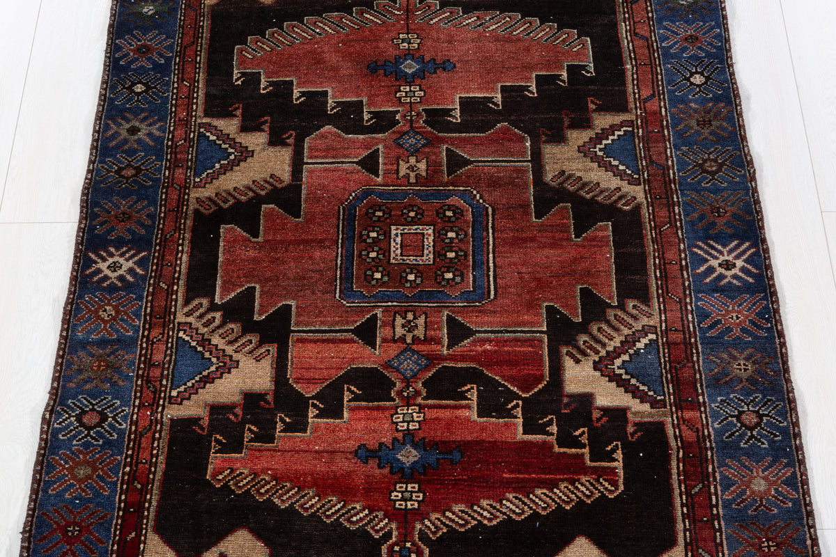 Vintage Rust Red, Blue Hand-Knotted Wool Rug – 6' 1" x 3' 11" (185 x 119 cm)