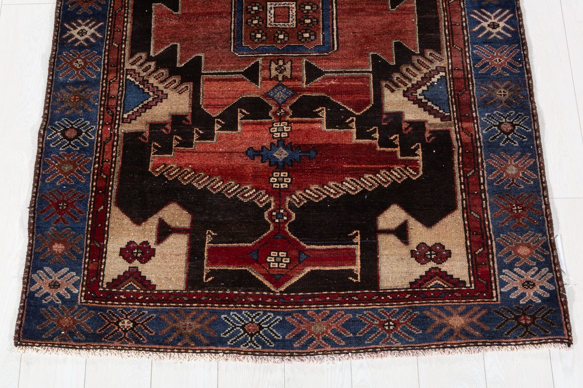 Vintage Rust Red, Blue Hand-Knotted Wool Rug – 6' 1" x 3' 11" (185 x 119 cm)