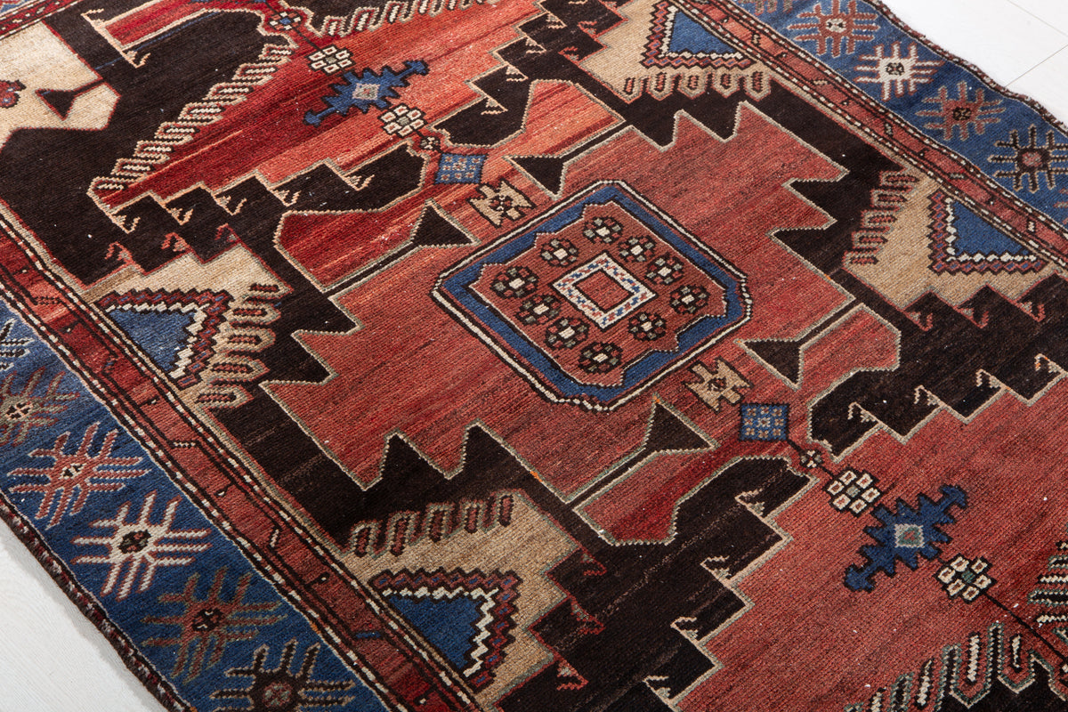Vintage Rust Red, Blue Hand-Knotted Wool Rug – 6' 1" x 3' 11" (185 x 119 cm)