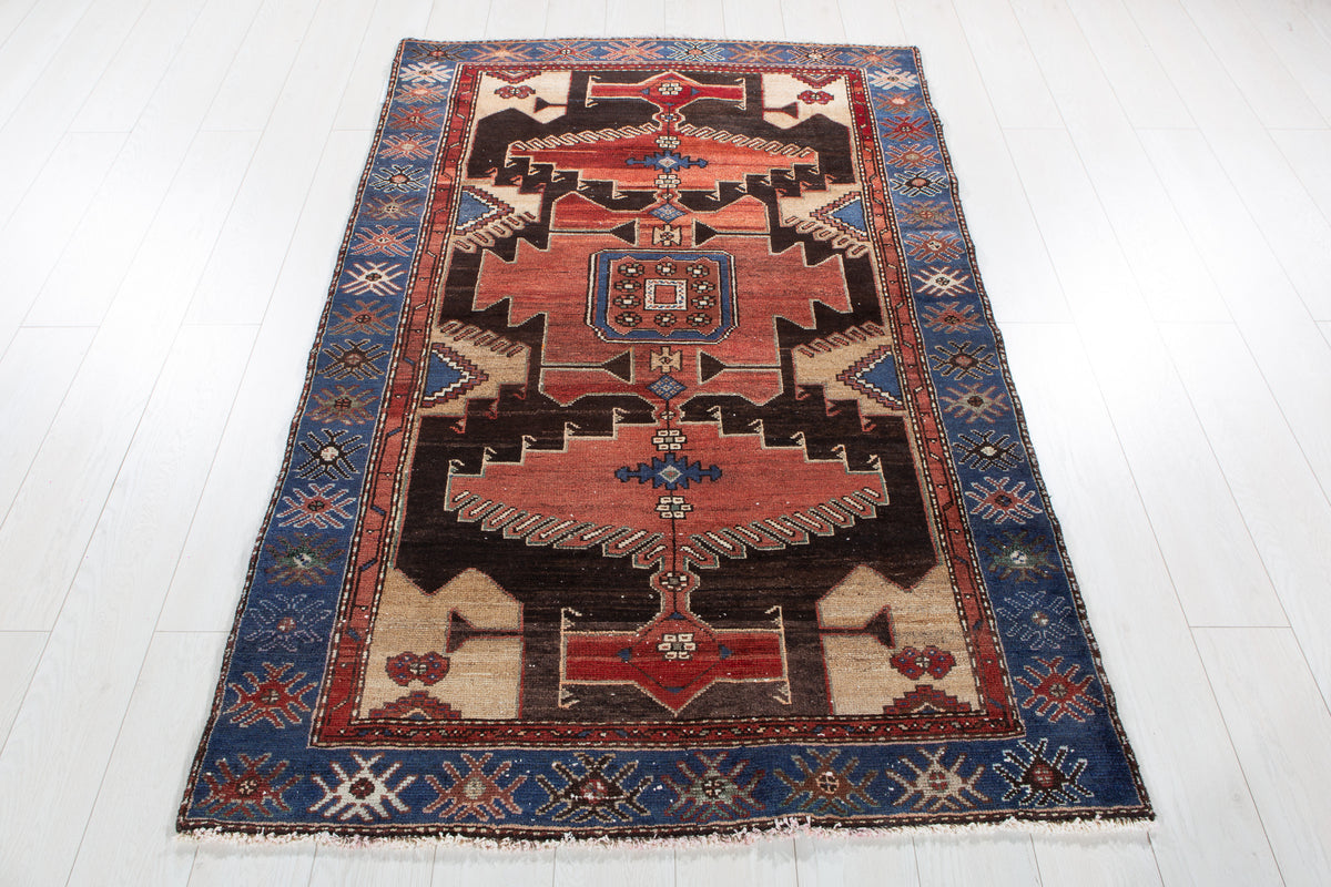Vintage Rust Red, Blue Hand-Knotted Wool Rug – 6' 1" x 3' 11" (185 x 119 cm)