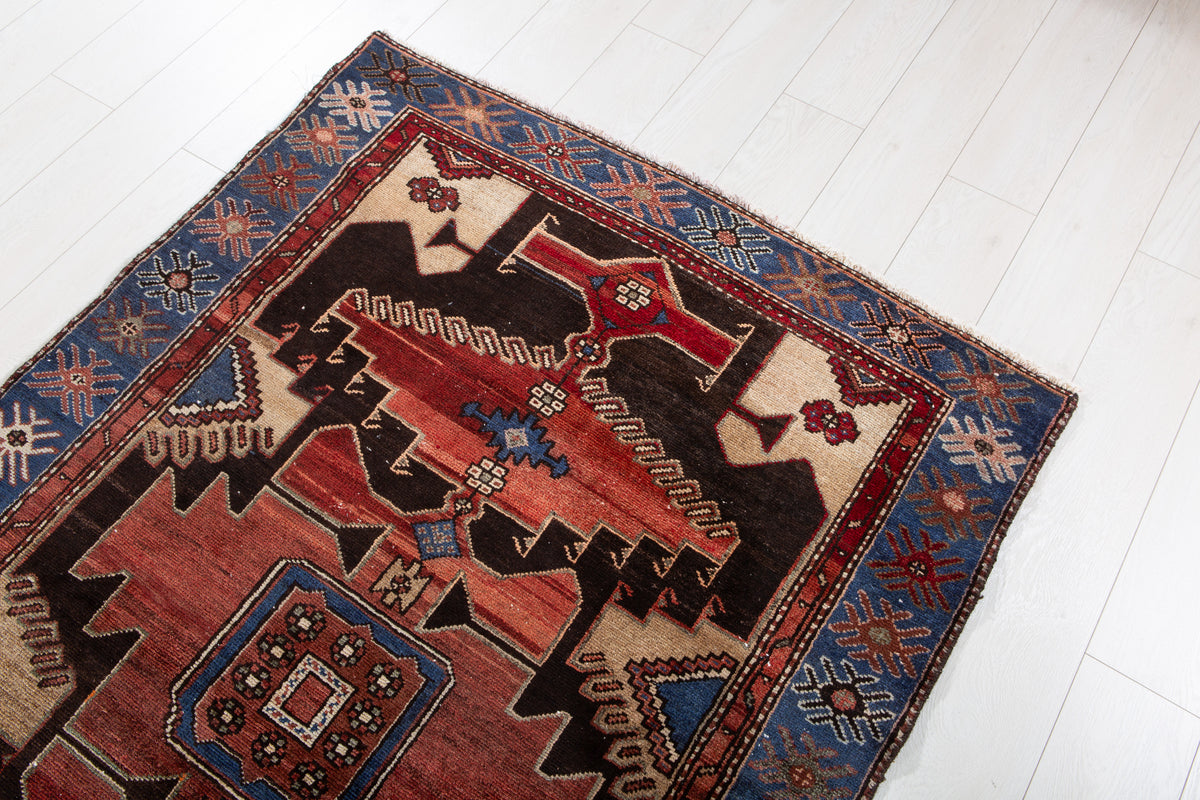 Vintage Rust Red, Blue Hand-Knotted Wool Rug – 6' 1" x 3' 11" (185 x 119 cm)