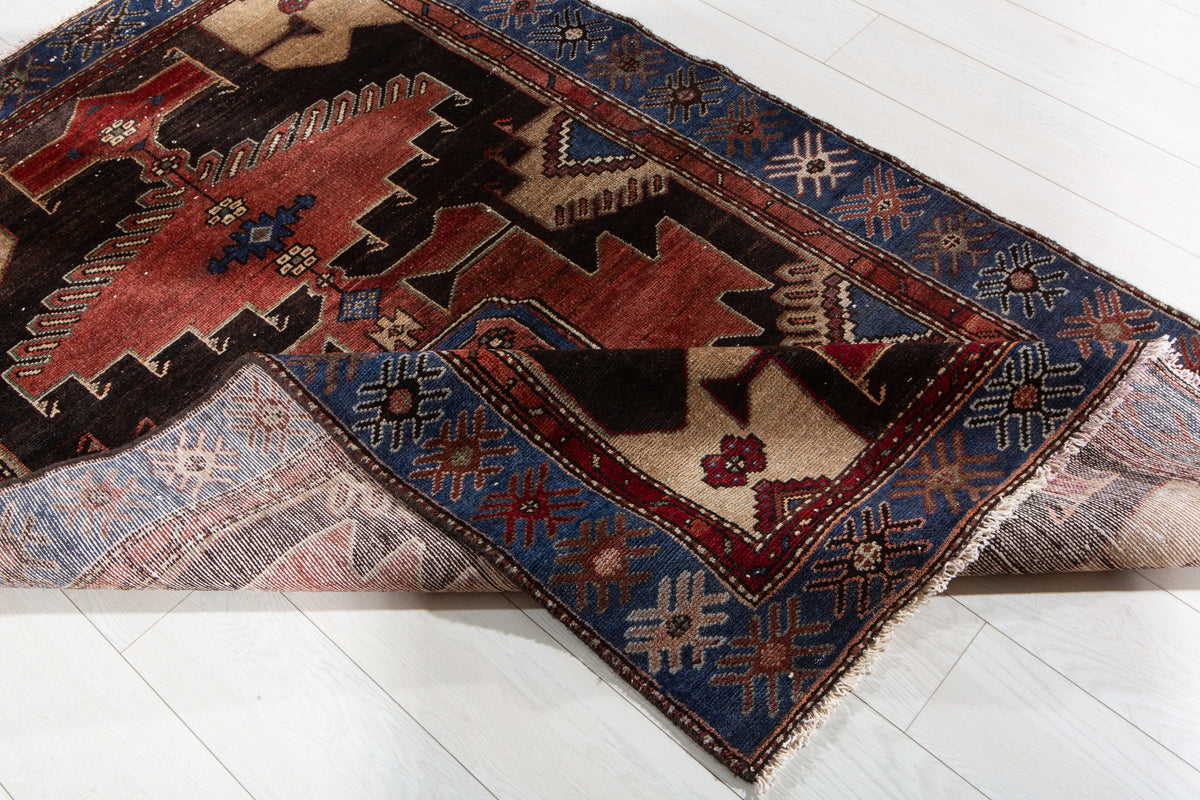 Vintage Rust Red, Blue Hand-Knotted Wool Rug – 6' 1" x 3' 11" (185 x 119 cm)