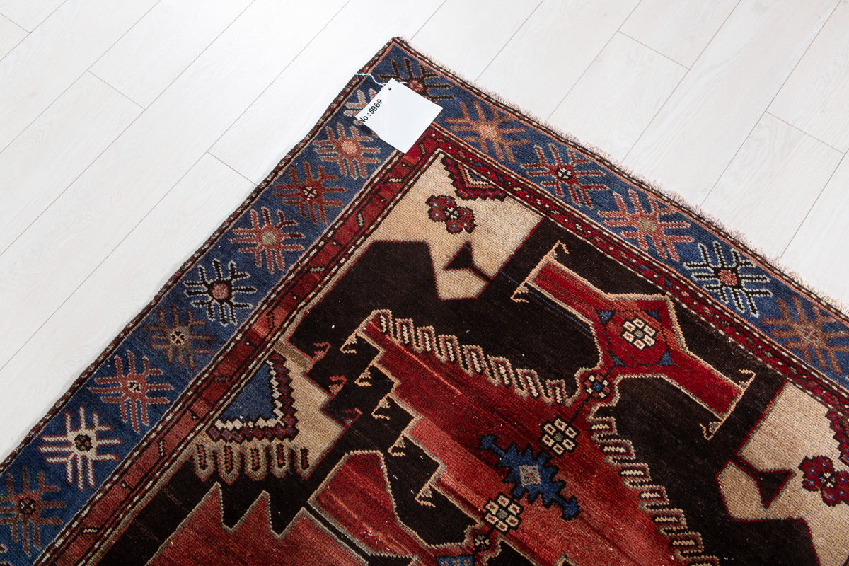 Vintage Rust Red, Blue Hand-Knotted Wool Rug – 6' 1" x 3' 11" (185 x 119 cm)