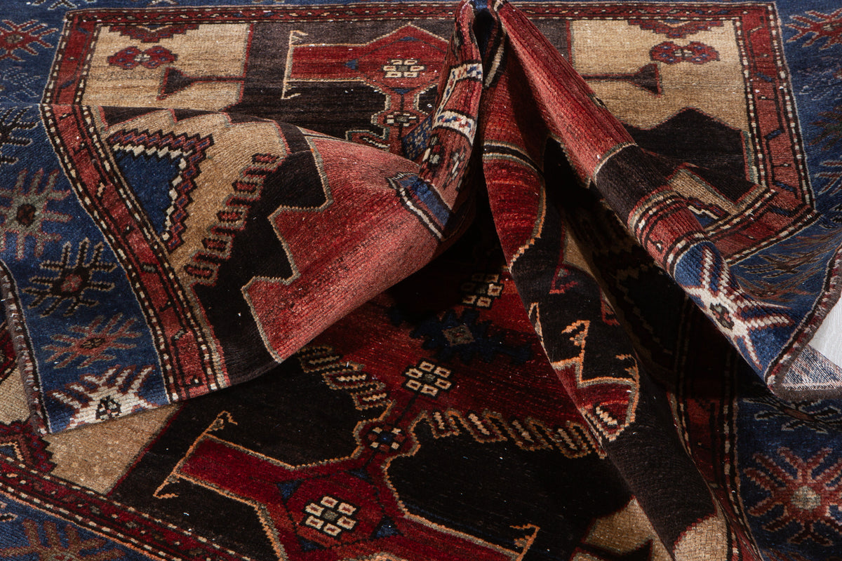 Vintage Rust Red, Blue Hand-Knotted Wool Rug – 6' 1" x 3' 11" (185 x 119 cm)