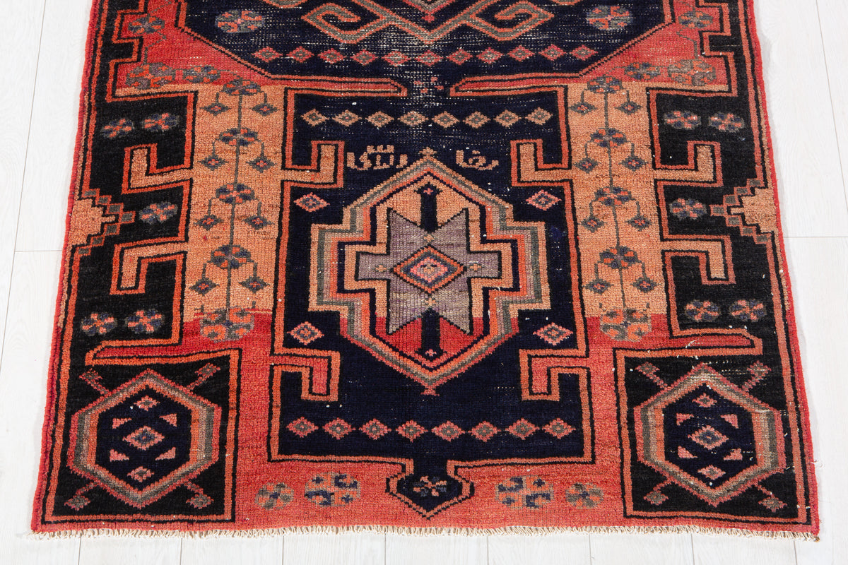 Antique Orange, Navy Blue Hand-Knotted Wool Rug – 6' 5" x 3' 8" (195 x 112 cm)