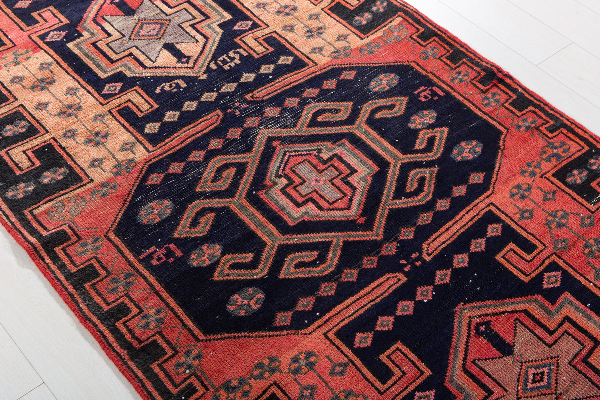 Antique Orange, Navy Blue Hand-Knotted Wool Rug – 6' 5" x 3' 8" (195 x 112 cm)