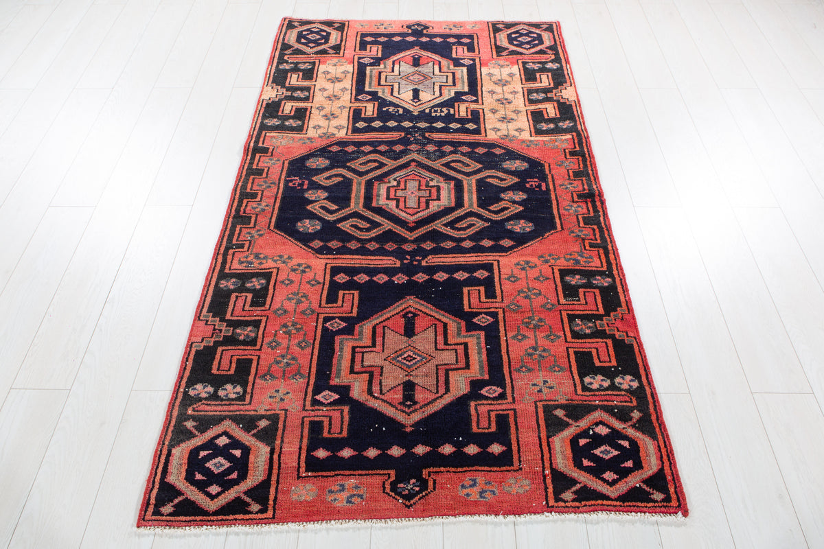 Antique Orange, Navy Blue Hand-Knotted Wool Rug – 6' 5" x 3' 8" (195 x 112 cm)