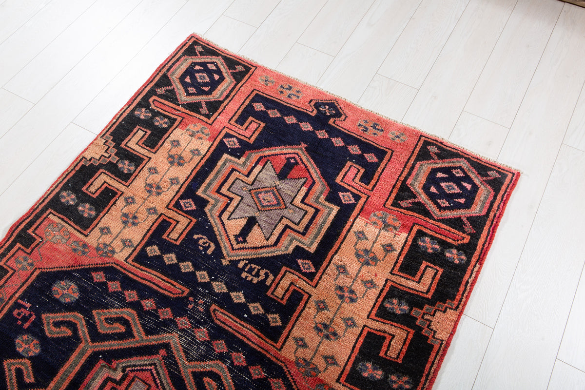 Antique Orange, Navy Blue Hand-Knotted Wool Rug – 6' 5" x 3' 8" (195 x 112 cm)
