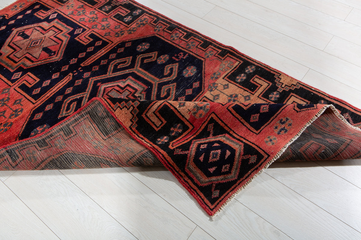 Antique Orange, Navy Blue Hand-Knotted Wool Rug – 6' 5" x 3' 8" (195 x 112 cm)