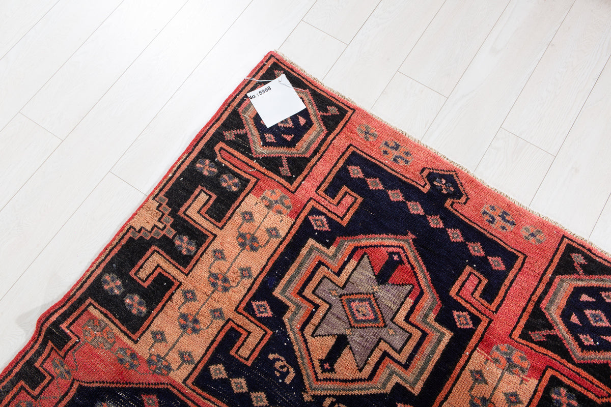 Antique Orange, Navy Blue Hand-Knotted Wool Rug – 6' 5" x 3' 8" (195 x 112 cm)