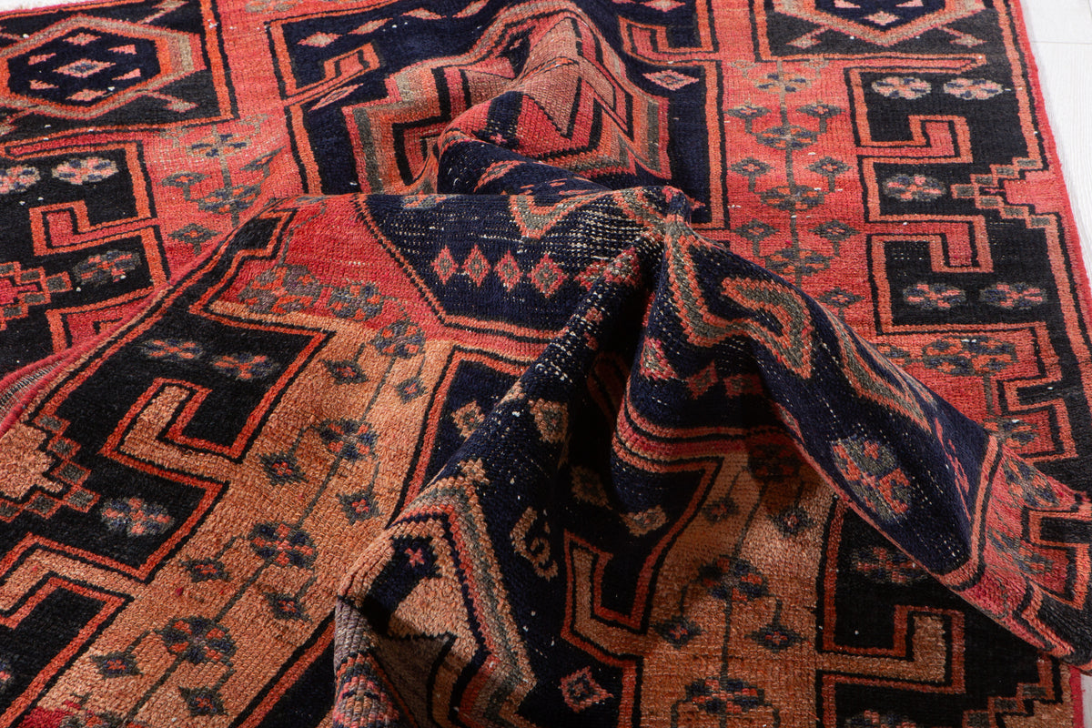Antique Orange, Navy Blue Hand-Knotted Wool Rug – 6' 5" x 3' 8" (195 x 112 cm)