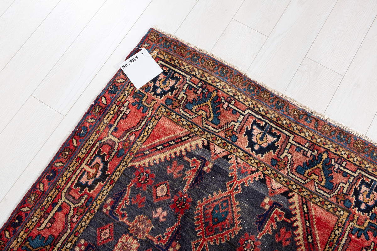 Antique Navy Blue, Red Hand-Knotted Wool Rug – 5' 5" x 3' 5" (166 x 105 cm)