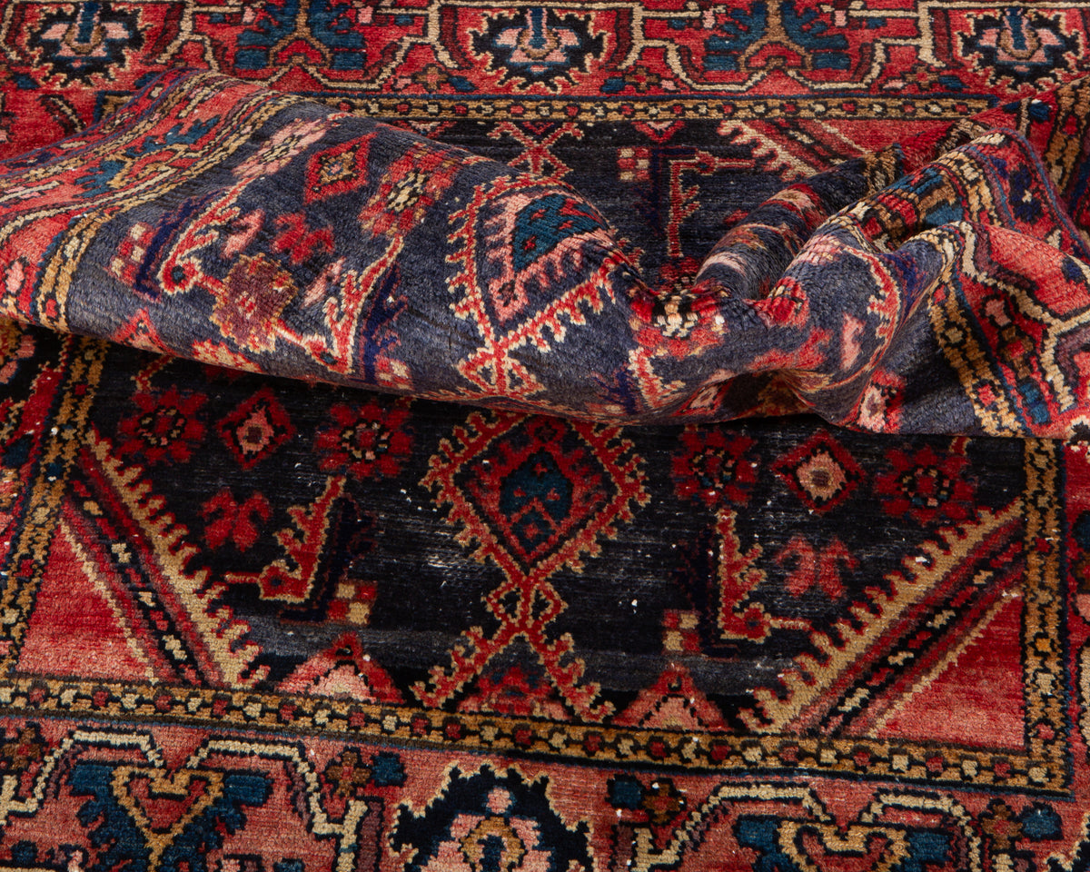 Antique Navy Blue, Red Hand-Knotted Wool Rug – 5' 5" x 3' 5" (166 x 105 cm)