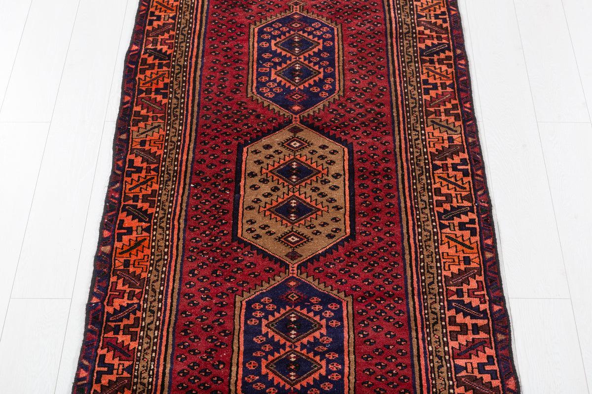 Vintage Geometric Runner Rug, Red & Navy, Orange – 9' 6" x 3' 2" (290 x 96 cm)