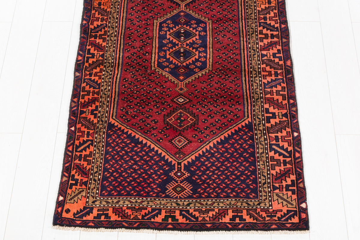 Vintage Geometric Runner Rug, Red & Navy, Orange – 9' 6" x 3' 2" (290 x 96 cm)