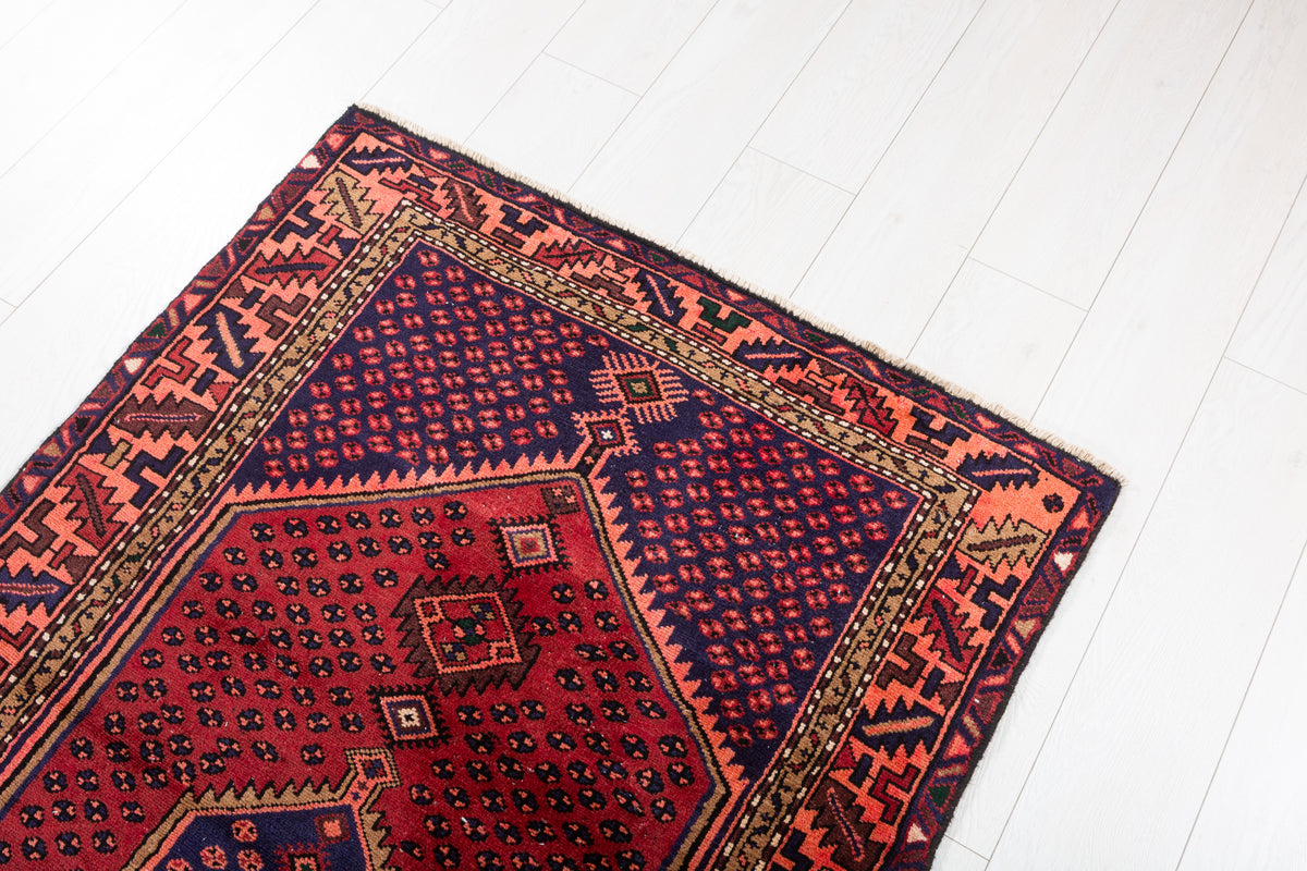Vintage Geometric Runner Rug, Red & Navy, Orange – 9' 6" x 3' 2" (290 x 96 cm)