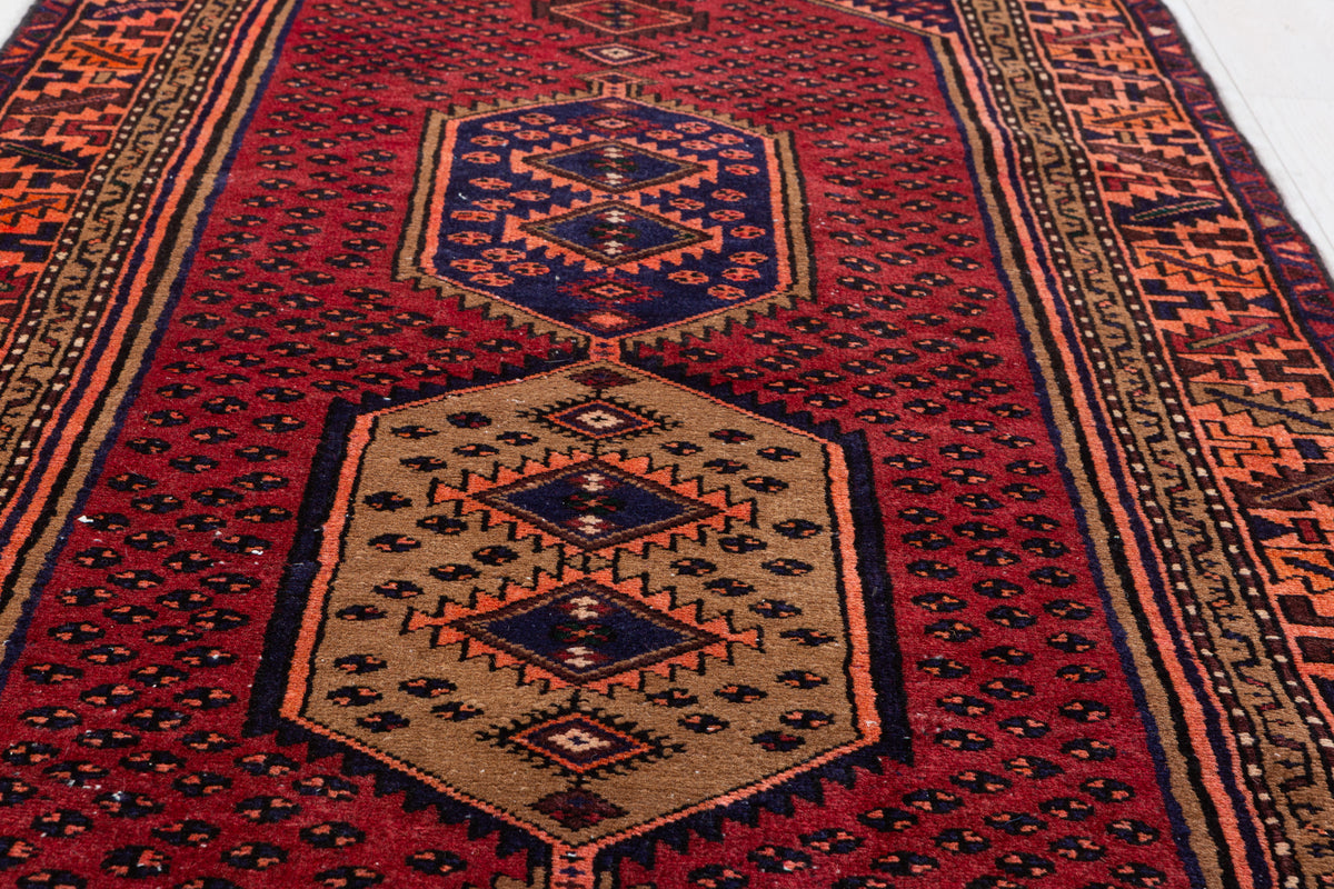 Vintage Geometric Runner Rug, Red & Navy, Orange – 9' 6" x 3' 2" (290 x 96 cm)