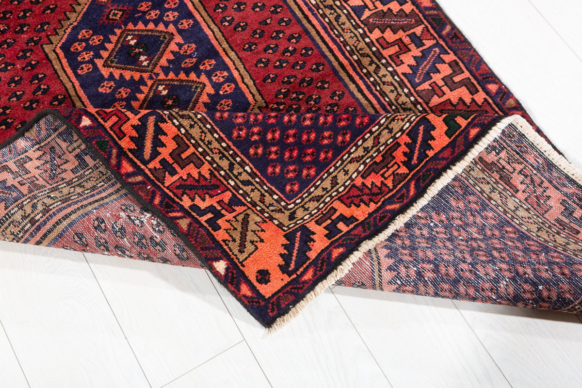 Vintage Geometric Runner Rug, Red & Navy, Orange – 9' 6" x 3' 2" (290 x 96 cm)