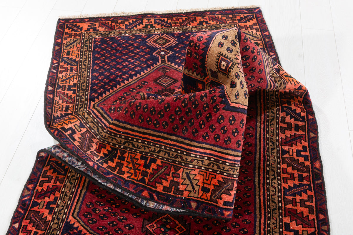 Vintage Geometric Runner Rug, Red & Navy, Orange – 9' 6" x 3' 2" (290 x 96 cm)