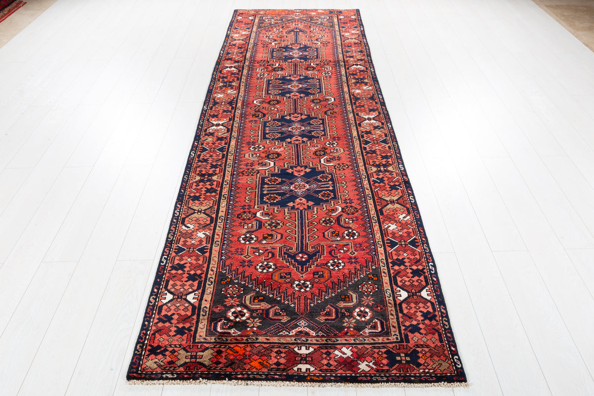 Vintage Geometric Runner Rug, Red & Navy – 10' 8" x 3' 5" (324 x 104 cm)