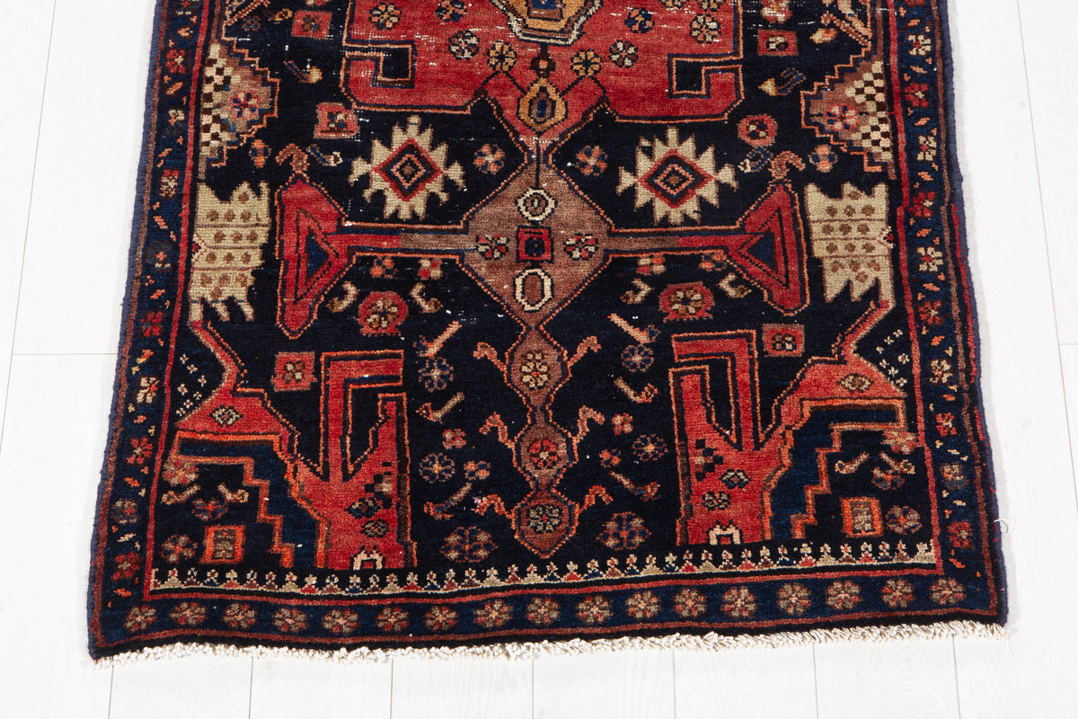 Collectible Antique Deep Navy Blue, Red Hand-Knotted Wool Rug – 7' 2" x 3' 1" (218 x 94 cm)