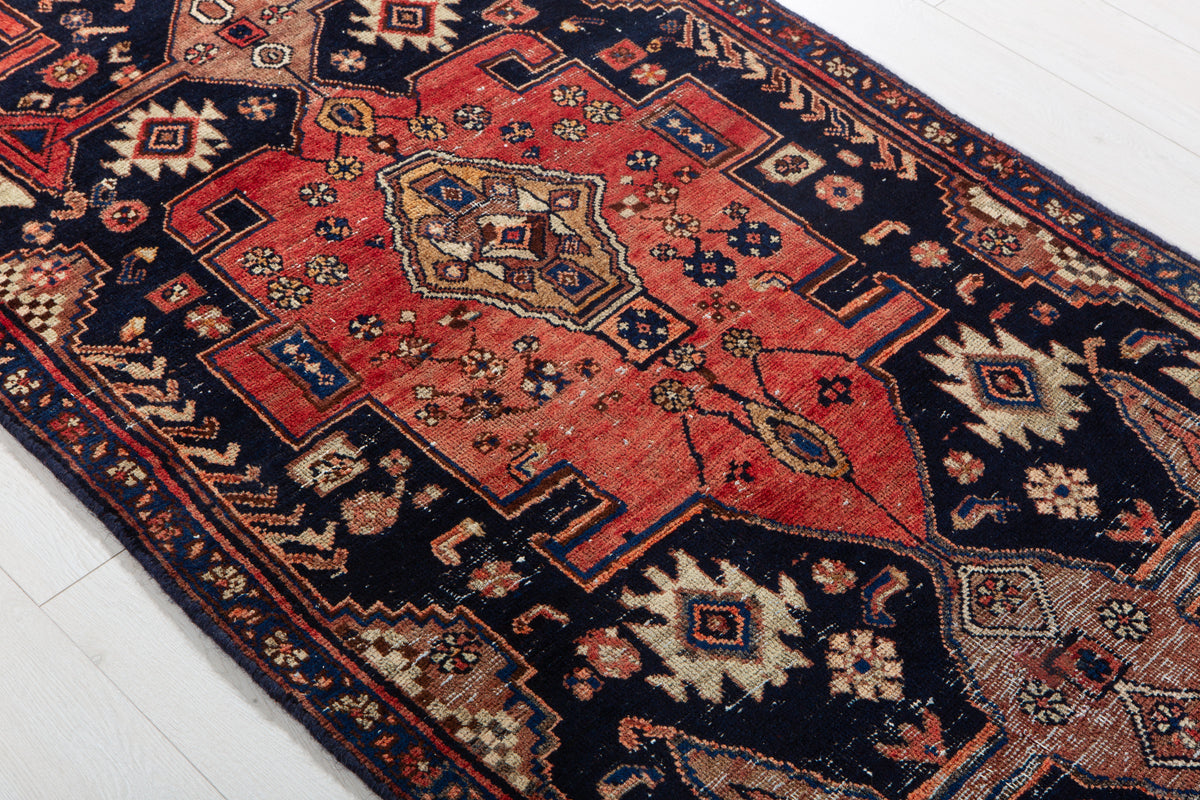 Collectible Antique Deep Navy Blue, Red Hand-Knotted Wool Rug – 7' 2" x 3' 1" (218 x 94 cm)