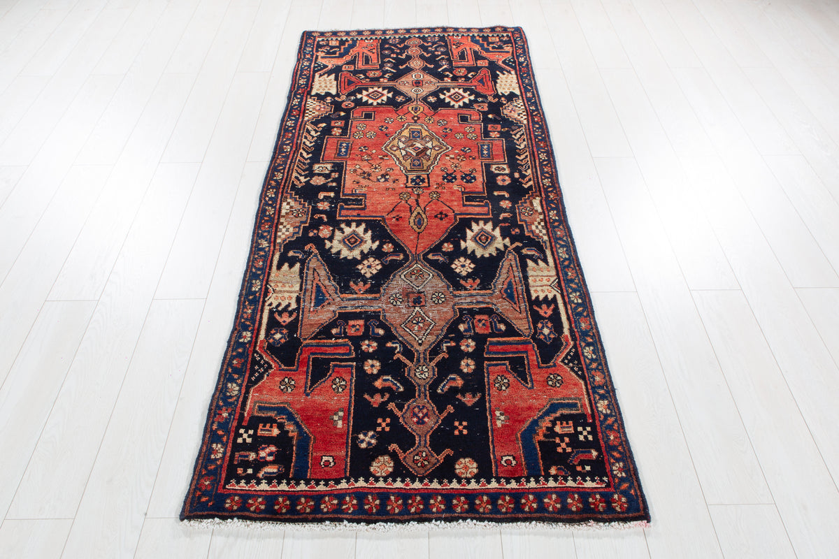 Collectible Antique Deep Navy Blue, Red Hand-Knotted Wool Rug – 7' 2" x 3' 1" (218 x 94 cm)