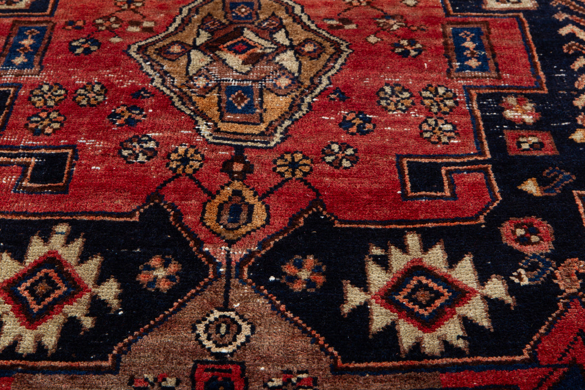 Collectible Antique Deep Navy Blue, Red Hand-Knotted Wool Rug – 7' 2" x 3' 1" (218 x 94 cm)