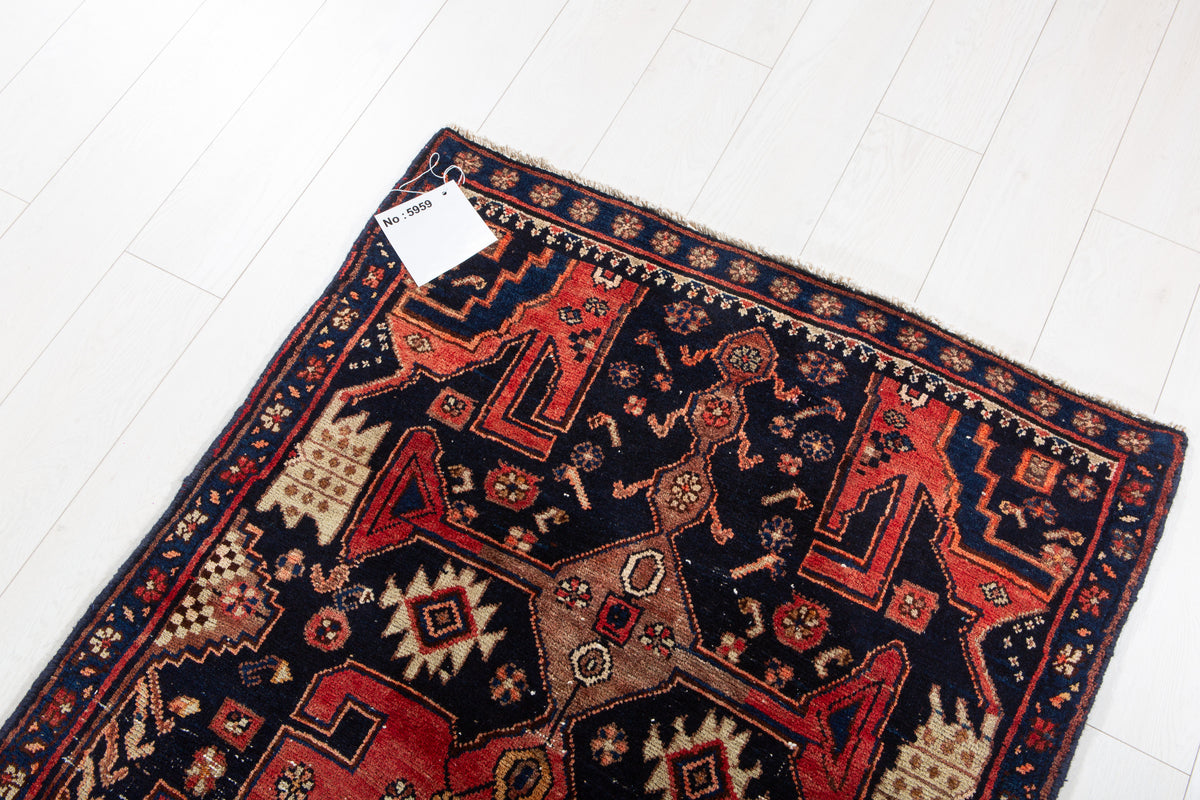 Collectible Antique Deep Navy Blue, Red Hand-Knotted Wool Rug – 7' 2" x 3' 1" (218 x 94 cm)