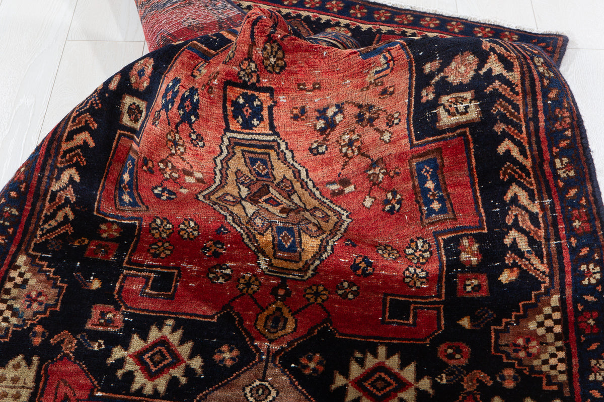 Collectible Antique Deep Navy Blue, Red Hand-Knotted Wool Rug – 7' 2" x 3' 1" (218 x 94 cm)