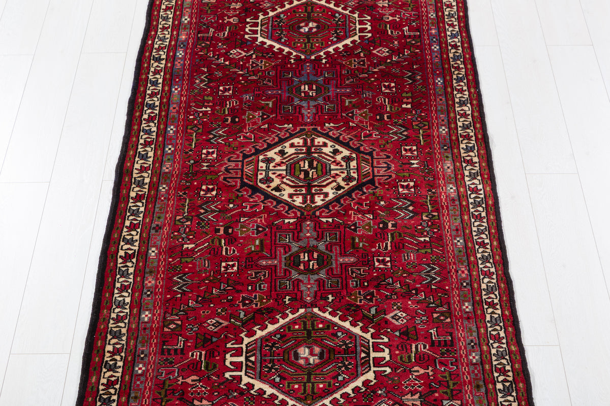 Fine Vintage 11 Geometric Medallions Runner Rug, Red & Green – 12' 6" x 3' 5" (382 x 104 cm)