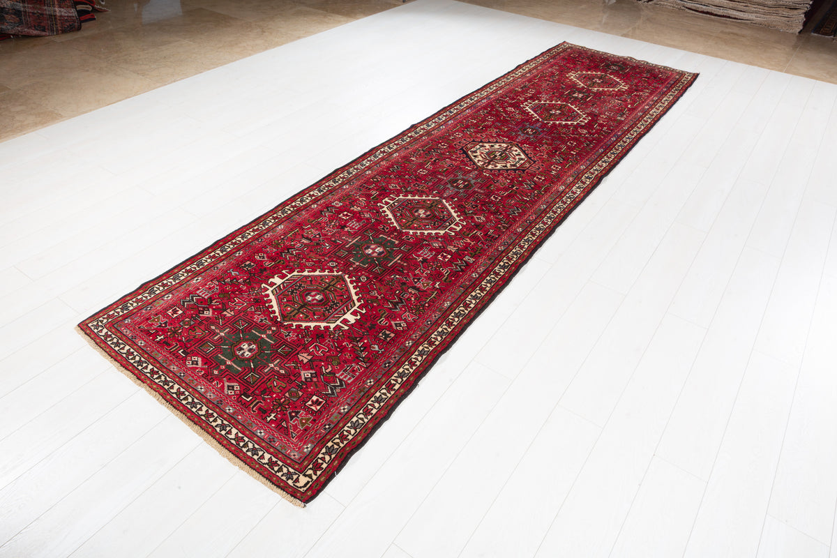 Fine Vintage 11 Geometric Medallions Runner Rug, Red & Green – 12' 6" x 3' 5" (382 x 104 cm)