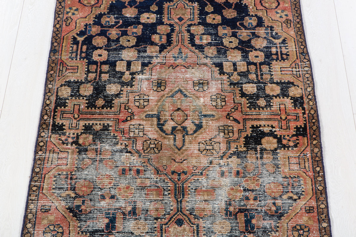 Antique Navy Blue, Peach Hand-Knotted Wool Rug – 5' 6" x 3' 4" (167 x 102 cm)