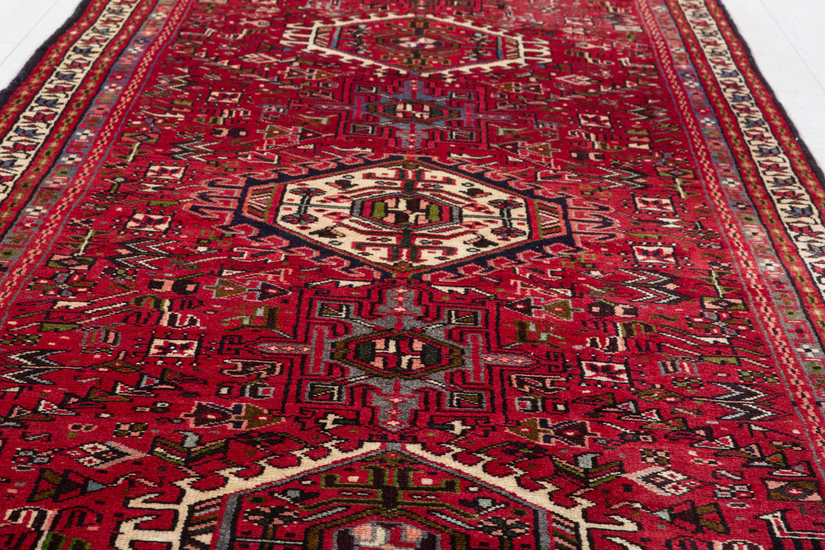 Fine Vintage 11 Geometric Medallions Runner Rug, Red & Green – 12' 6" x 3' 5" (382 x 104 cm)