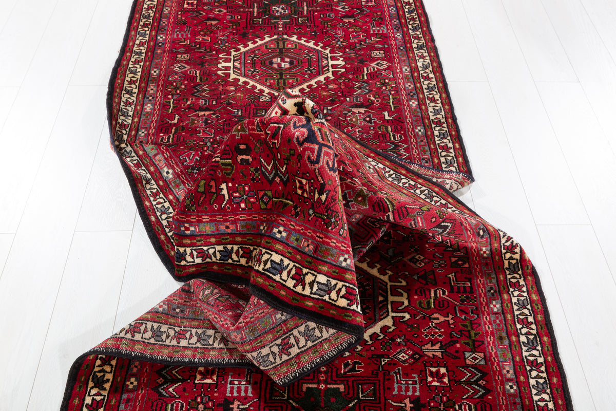 Fine Vintage 11 Geometric Medallions Runner Rug, Red & Green – 12' 6" x 3' 5" (382 x 104 cm)