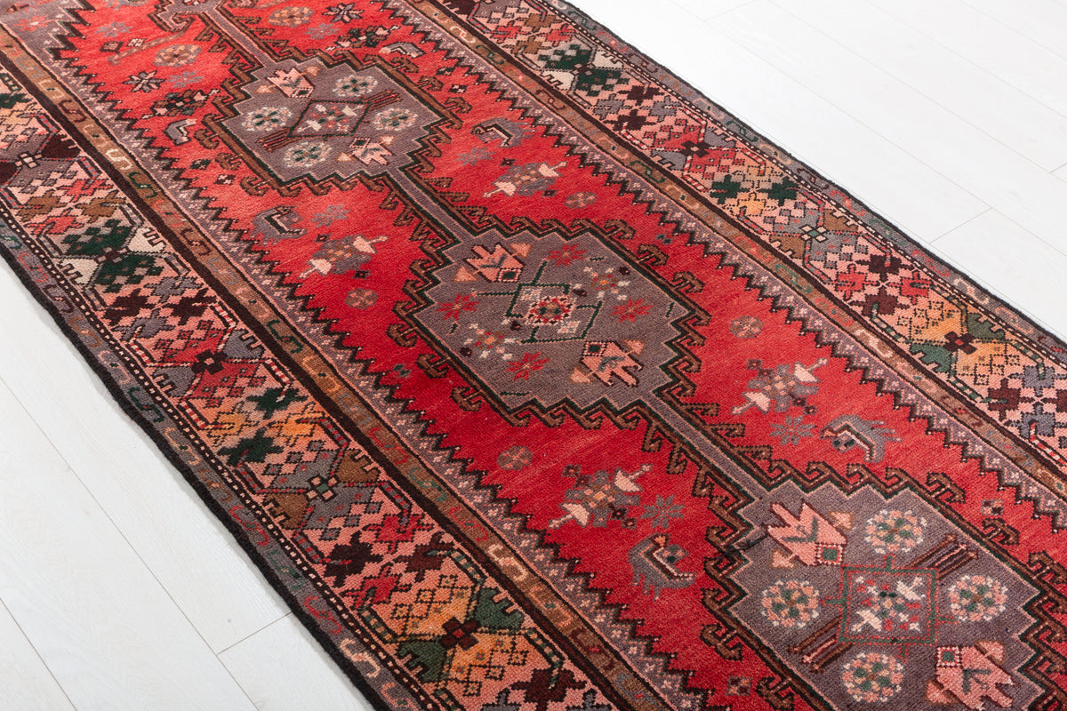 Semi-Antique Linked-Medallion Runner Rug, Red & Salmon Pink – 10' 2" x 3' 6" (311 x 106 cm)