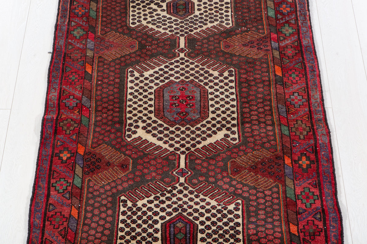 Vintage Red, Charcoal Black Hand-Knotted Wool Rug – 6' 6" x 3' 4" (197 x 101 cm)