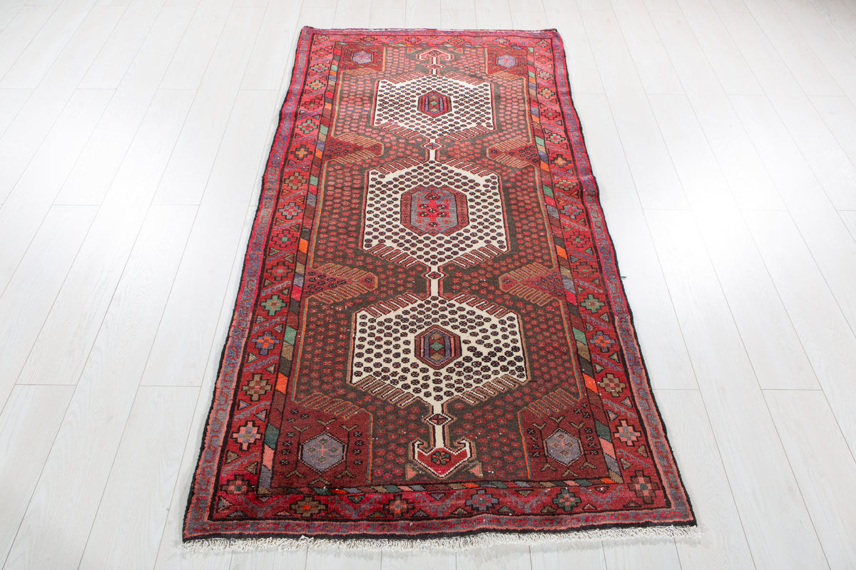Vintage Red, Charcoal Black Hand-Knotted Wool Rug – 6' 6" x 3' 4" (197 x 101 cm)