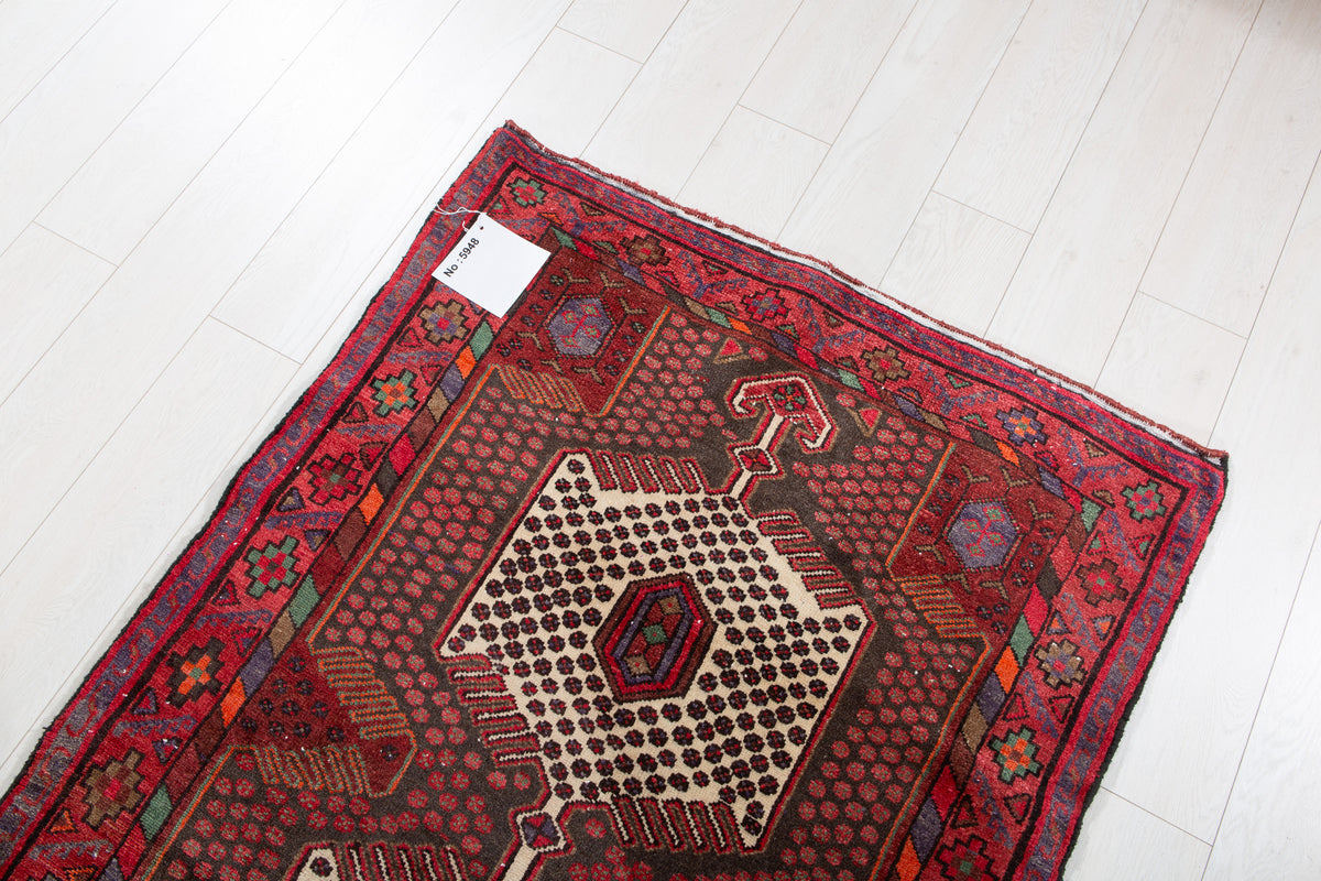 Vintage Red, Charcoal Black Hand-Knotted Wool Rug – 6' 6" x 3' 4" (197 x 101 cm)