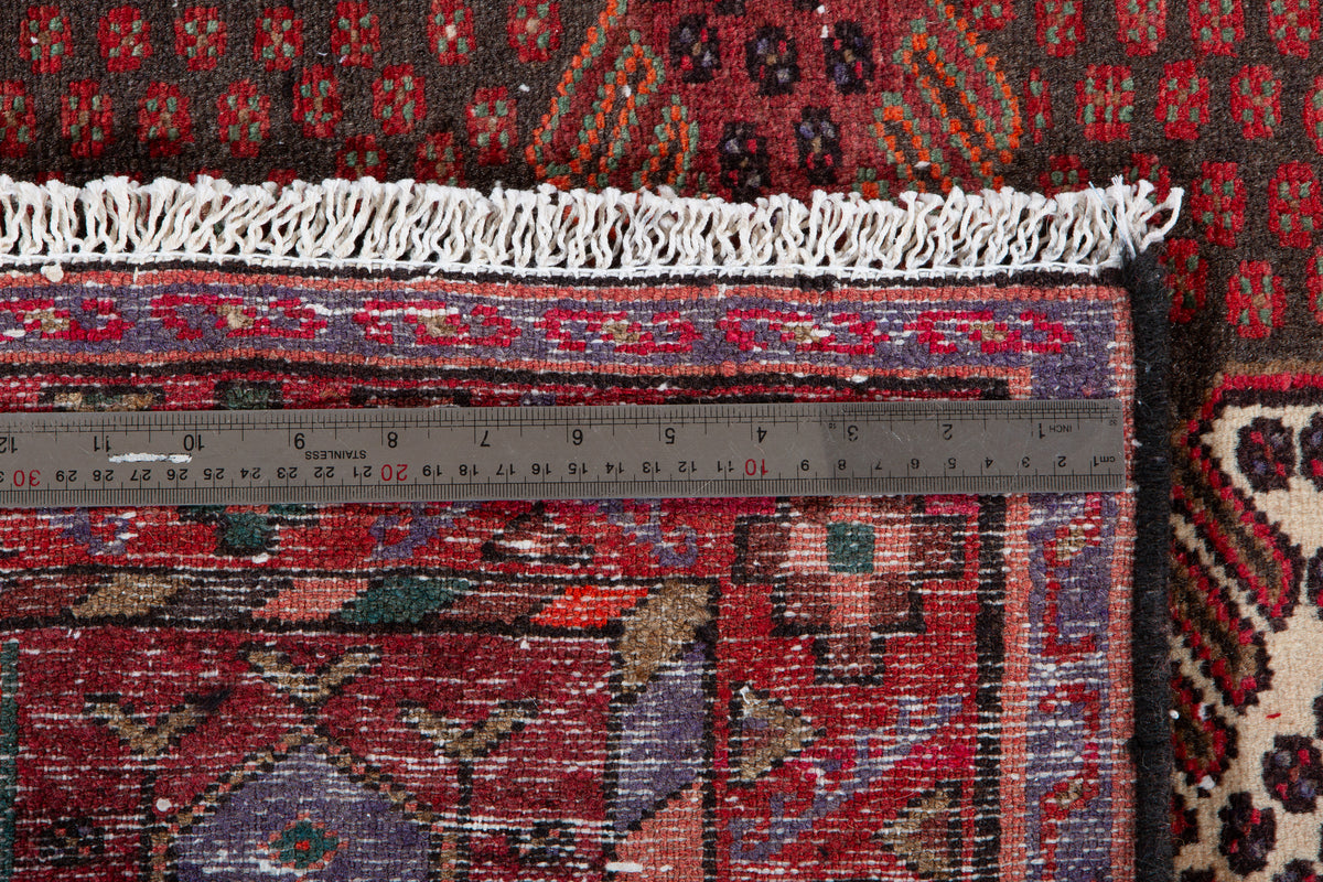 Vintage Red, Charcoal Black Hand-Knotted Wool Rug – 6' 6" x 3' 4" (197 x 101 cm)