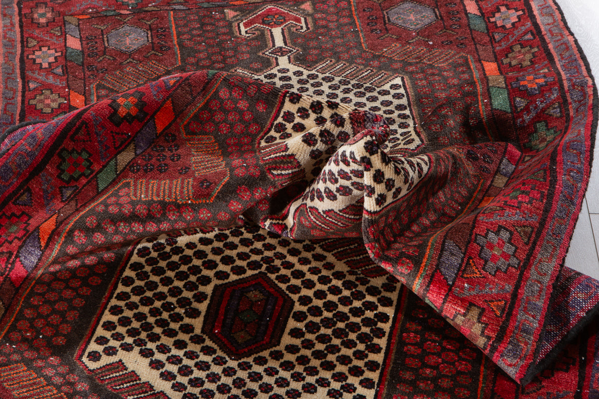 Vintage Red, Charcoal Black Hand-Knotted Wool Rug – 6' 6" x 3' 4" (197 x 101 cm)